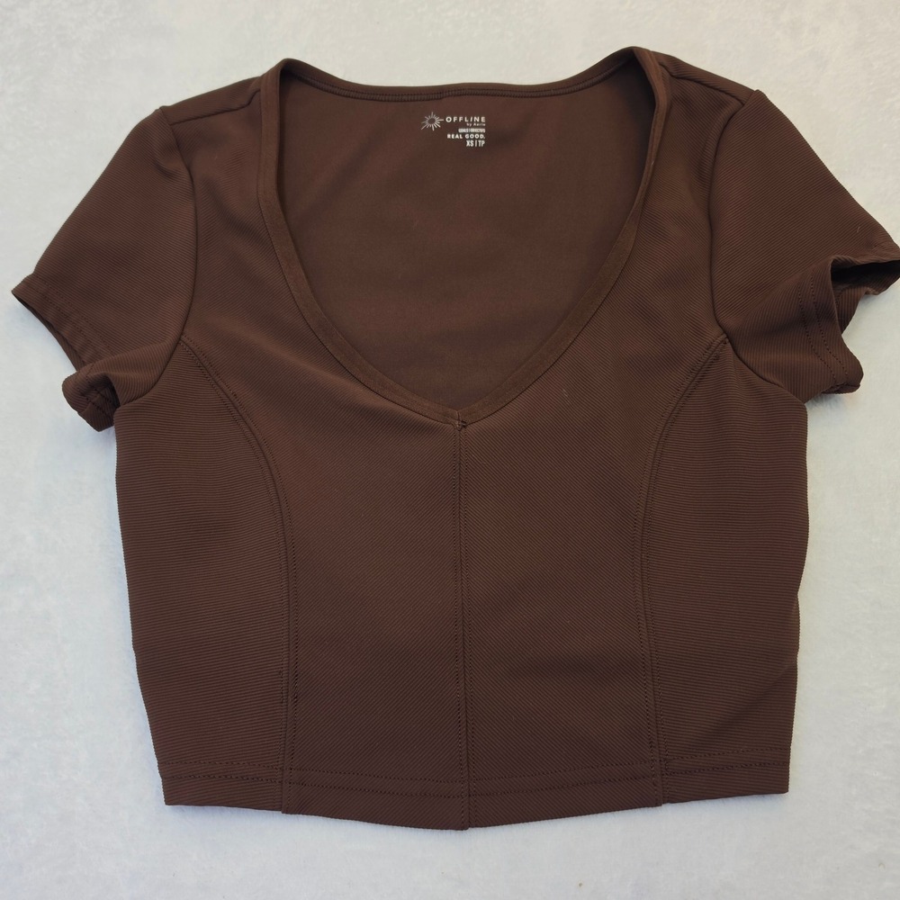 OFFLINE by Aerie Ribbed V-Neck Crop Top with Shelf Bra Brown XS